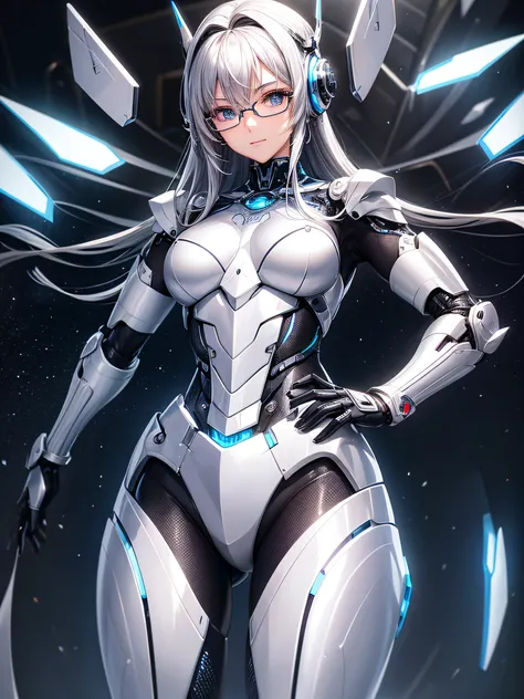 5 8K UHD、Mechanical beauty with shiny silver body wearing glasses is posing、Shiny silver robot with hidden skin