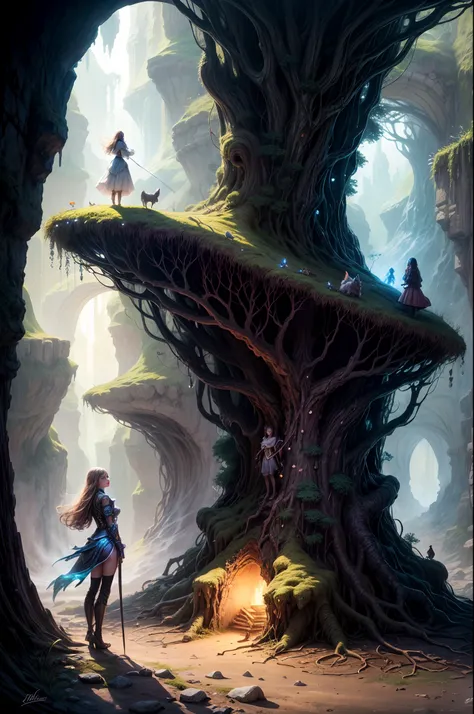 "Artistic rendering, fantasy realm, girl and her magical companions, luminous cave, extraordinary magic, epic adventure, intricate details