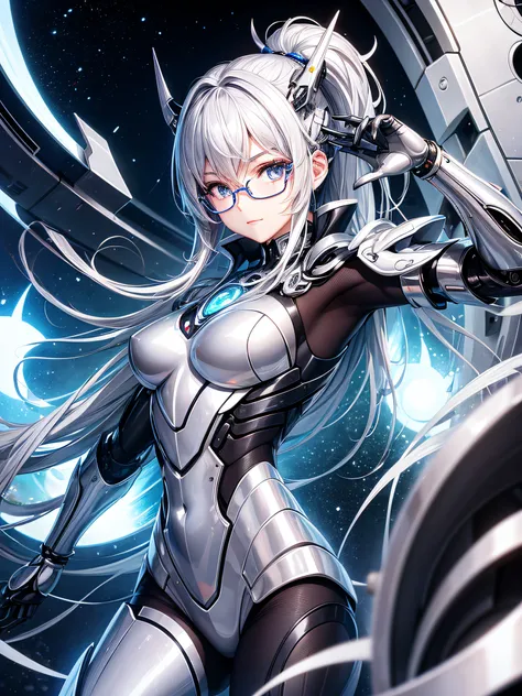 5 8K UHD、Mechanical beauty with shiny silver body wearing glasses is posing、Shiny silver robot with hidden skin