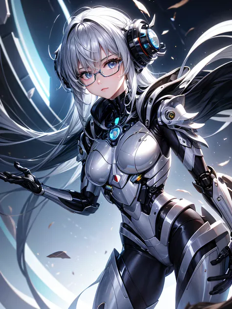 5 8K UHD、Mechanical beauty with shiny silver body wearing glasses is posing、Shiny silver robot with hidden skin