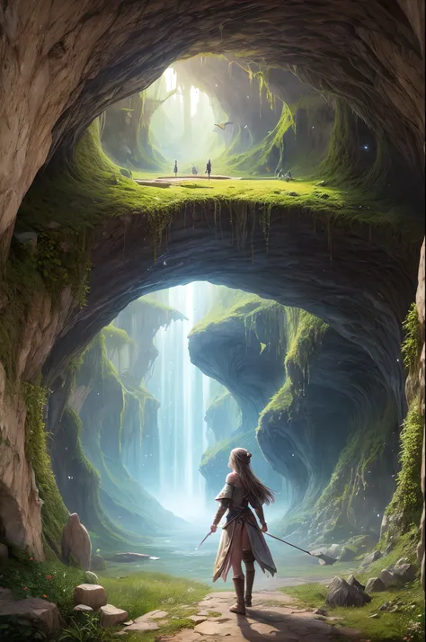 "Artistic rendering, fantasy realm, girl and her magical companions, luminous cave, extraordinary magic, epic adventure, intricate details