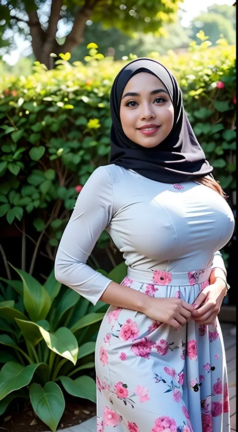 RAW, Best quality, high resolution, Masterpiece: 1.3), Beautiful Malay woman in hijab, Masterpiece, Perfect slim body, ((Big breasts)), Beautiful big eyes, water eyes, Soft smile, (wearing pejamas big floral dress ), smiling, windy, skin details, skin text...