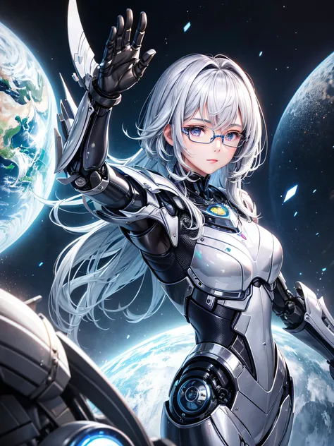 5 8K UHD、Mechanical beauty with shiny silver body wearing glasses is posing、Silver metallic robot with hidden skin shiny