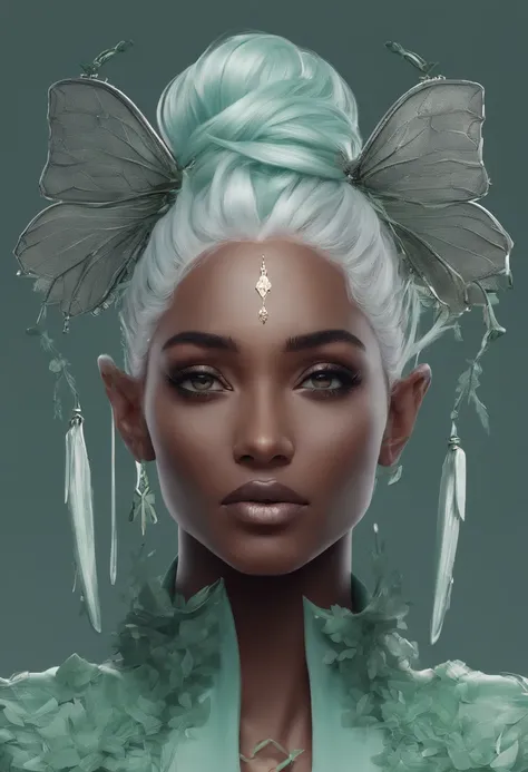 Solo female elf, dark gray skin, (((drow)), mint green hair, front view, looking at the observer with a frown, holding a dagger, perspective, controlling a magic swarm of insects