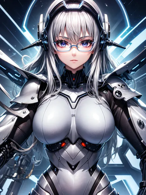 5 8K UHD、Mechanical beauty with shiny silver body wearing glasses is posing、Silver metallic robot with hidden skin shiny