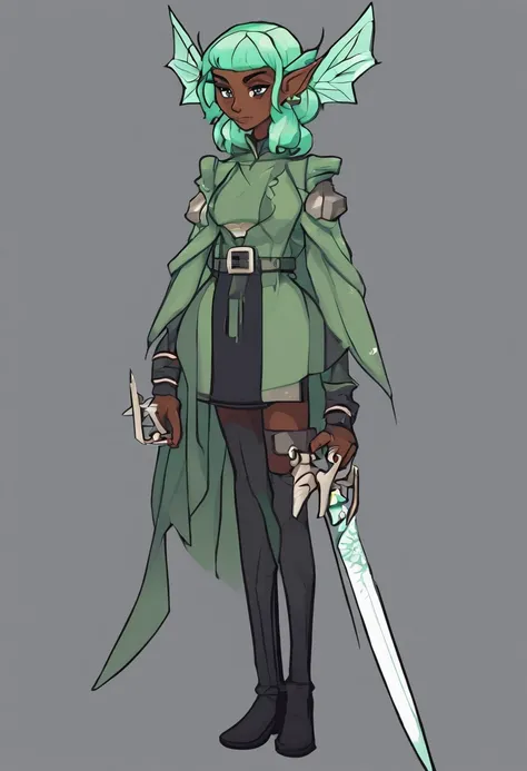 Solo female elf, dark gray skin, (((drow)), mint green hair, front view, looking at the observer with a frown, holding a dagger, perspective, controlling a magic swarm of insects