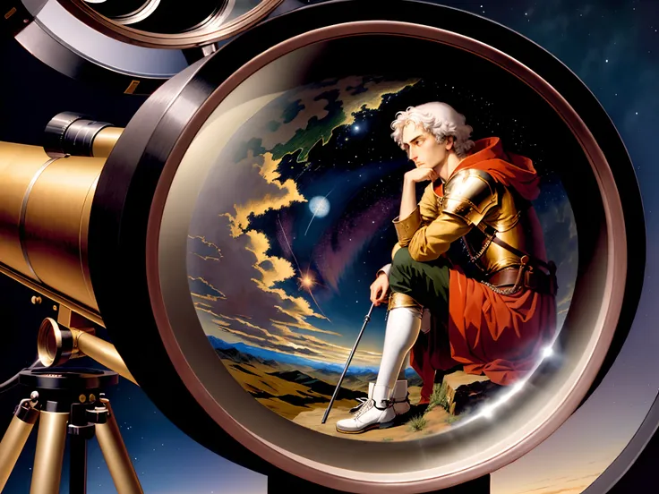 Copernicus is depicted in a pensive position, lost in thought, observing the sky through a telescope.