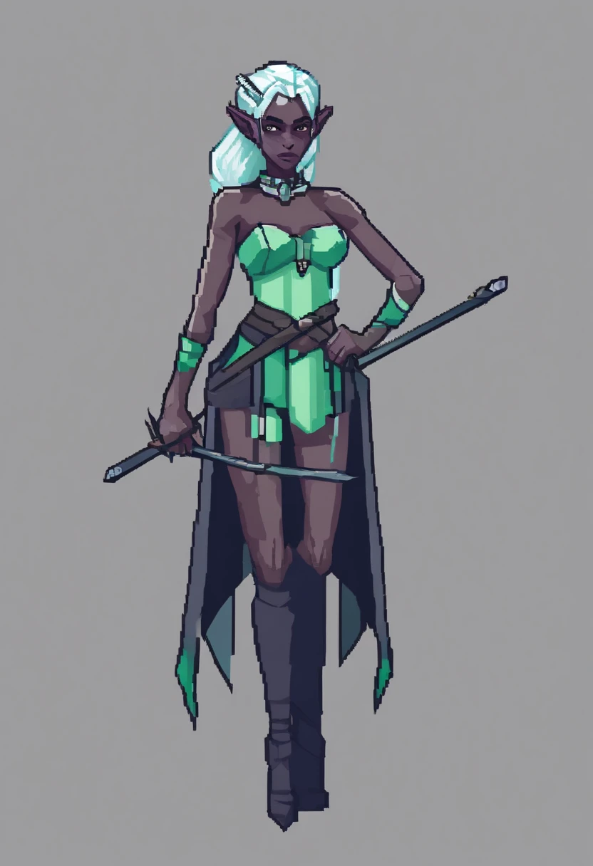 Solo female drow elf, dark gray skin, (((drow)), mint green hair, front view, looking at the observer with a frown, holding a bow, perspective