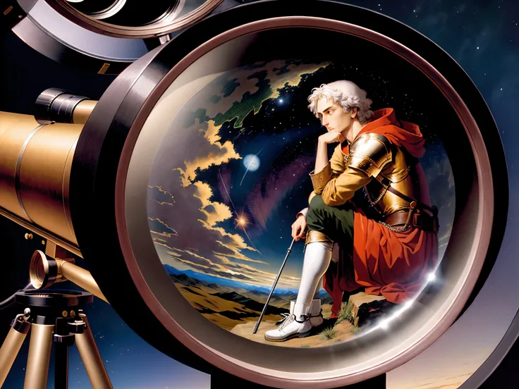 Copernicus is depicted in a pensive position, lost in thought, observing the sky through a telescope.