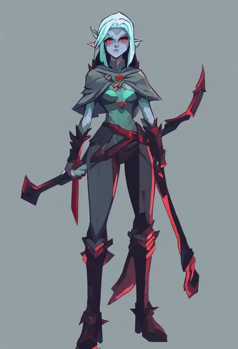 Solo female drow elf ranger, dark gray skin, (((drow)), mint green hair, red eyes, front view, looking at the observer with a frown, holding a bow, perspective