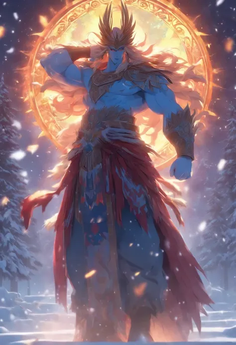 (((Dazhbog))) best quality, ultra-high resolution, 4K detailed CG, masterpiece, Slavic god,snow,sun, Slavic mythology, aesthetics, ((standing pose)), beautiful image, centered on screen , full body