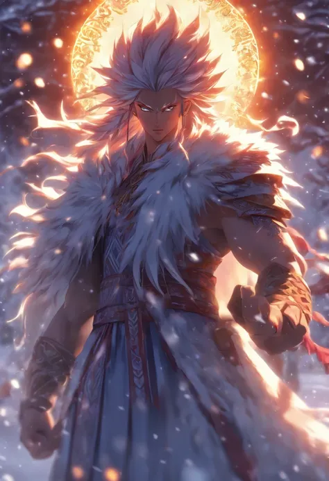 (((Dazhbog))) best quality, ultra-high resolution, 4K detailed CG, masterpiece, Slavic god,snow,sun, Slavic mythology, aesthetics, ((standing pose)), beautiful image, centered on screen , full body