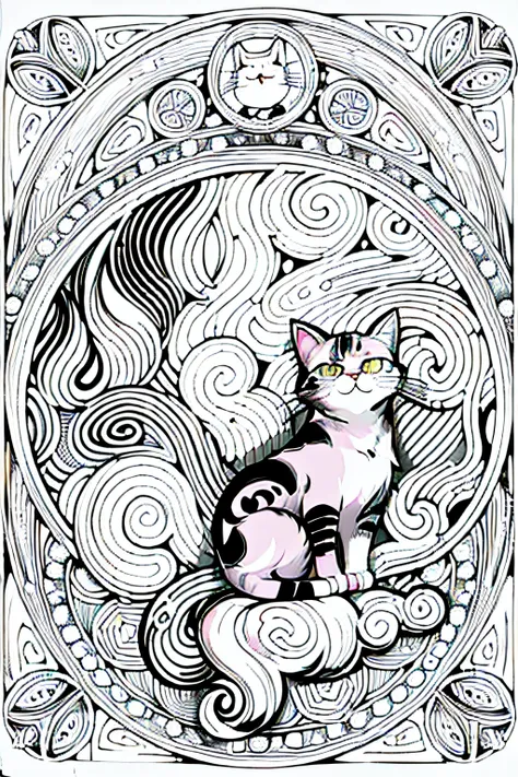 cat, kawaii style kitten, fantasy, magical, mystical, unusual, black and white, wavey lines, realistic line art drawing, coloring book page , no noise, crisp thick lines, outline art, centred image, isolated on a white background --v 4 --ar 2:3