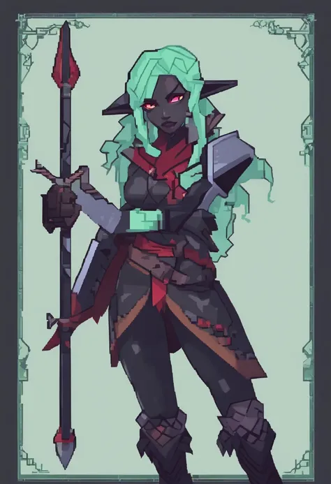 Solo female drow elf ranger, dark gray skin, (((drow)), mint green hair, red eyes, front view, looking at the observer with a frown, holding a bow, perspective, swamp witch