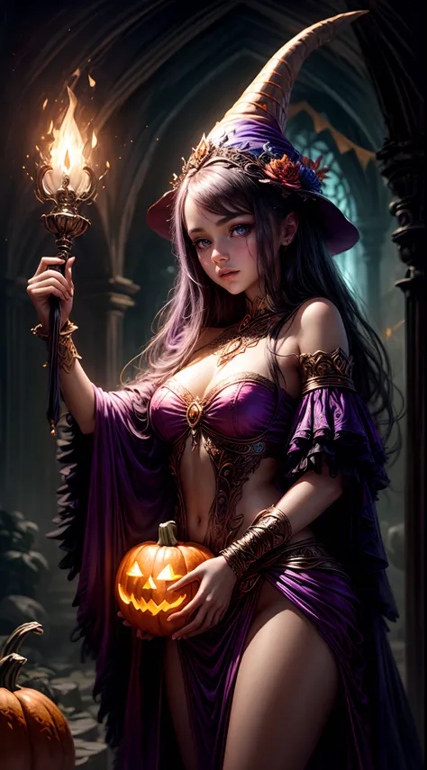 "A whimsical painting of a girl dressed as a sorceress, whimsically conjuring magic with a pumpkin and torch. Fantasy, vibrant colors, artistic, spellbinding, whimsical."