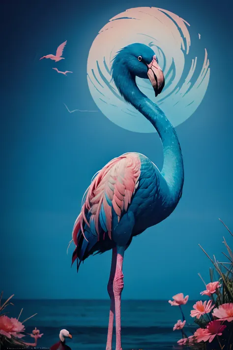 Beautiful blue flamingo, On an unusual bewitching background, Blue Flamingo Majestic, Brave, Proud looks into the distance,