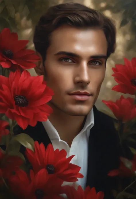 (best quality,highres,masterpiece:1.2),ultra-detailed,(realistic,photorealistic,photo-realistic:1.37),double exposure image with a man in the foreground,red flowers inside him,medium:oil painting,beautiful detailed eyes,soft skin,subtle expression,vivid co...