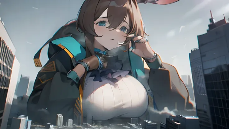 huge breast, city in the background