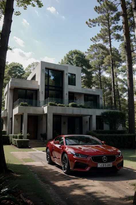 Modern mansion in the woods with red luxury car parked in front