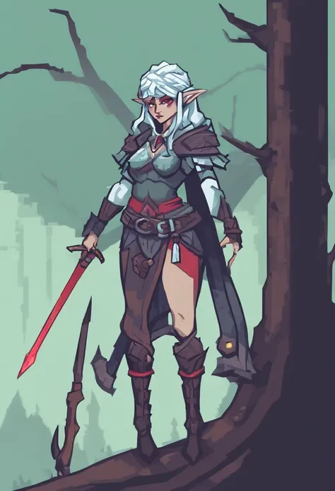 Solo female drow elf ranger, dark gray skin, mint green hair, red eyes, front view, looking at the observer with a frown, drawing back a bow, perspective, swamp witch