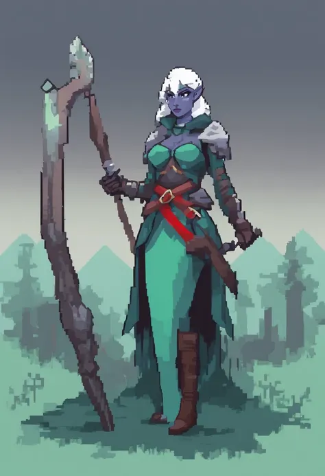 Solo female drow elf ranger, dark gray skin, mint green hair, red eyes, front view, looking at the observer with a frown, drawing back a bow, perspective, swamp witch