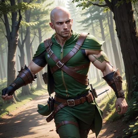 Robin hood like uniformed forest warrior, Young athletic man, with an attractive and striking appearance, muscular, bald head, green eyes, handsome male, photo-realistic, octane render, unreal engine, ultra-realistic