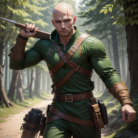 Robin hood like uniformed forest warrior, Young athletic man, with an attractive and striking appearance, muscular, bald head, green eyes, handsome male, photo-realistic, octane render, unreal engine, ultra-realistic