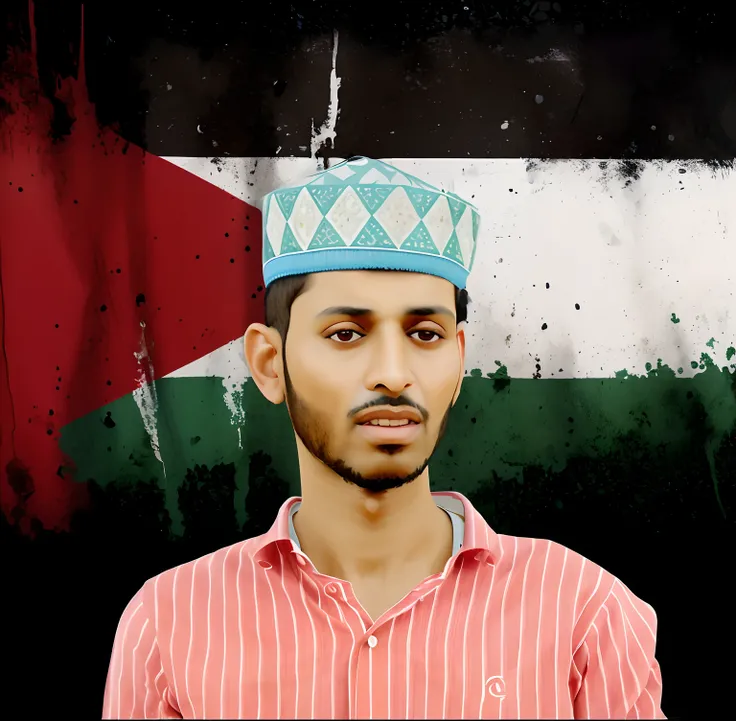 a man in a red shirt and a blue hat with a palestine flag on it, mohamed chahin, mohamed reda, riyahd cassiem, inspired by Abdullah Gërguri, shabab alizadeh, portrait of bedouin d&d, maximus jacobs, inspired by Sheikh Hamdullah, inspired by Ahmed Yacoubi e...