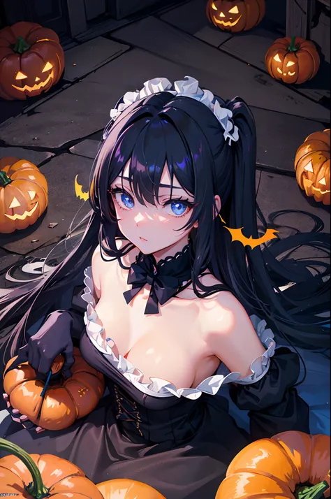 Dark hair　blue eyess　maid clothes　Twin-tailed　borgar　Halloween　pumpkins　​masterpiece　Top image quality　Clear　anime colours　cinematic shadow　Increased attractiveness of the eyes　Clear the shine of the eyes　Draw eyelashes neatly　Perfect Eye　A detailed eye　Sh...