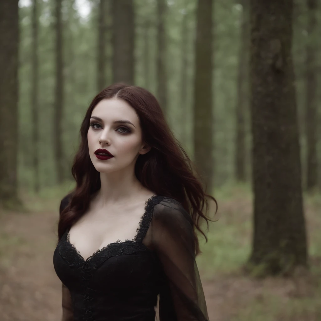 vampiros，Long fangs unfurled in a gloomy environment。pelirroja , Amouranth, hiperrealismo vampira pelirroja, Amouranth as Goth Vampire