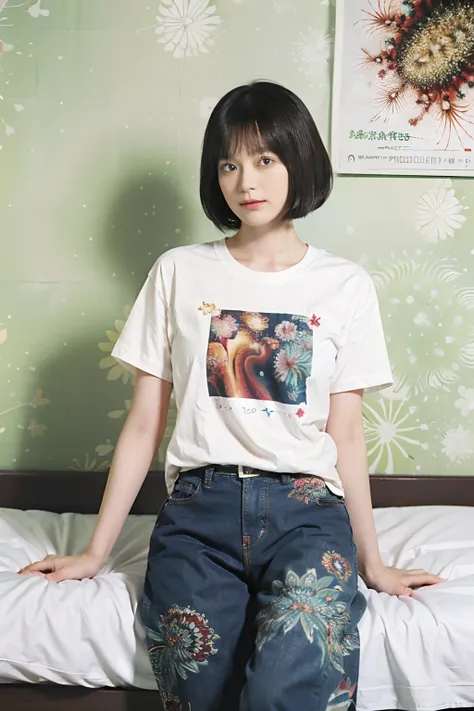 24
(Shorthair:1.23), (a 20 yo woman), (A hyper-realistic), (masutepiece), (8KUHD), Focus on the face, (Fractal Art:1.23), 
Graphic T-shirt with anime characters printed, Breast, wear long pants, (The walls of the room are fractal abstractions:1.23)