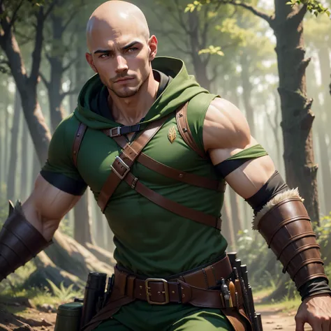 Robin hood like uniformed forest warrior, Young athletic man, with an attractive and striking appearance, muscular, bald head, green eyes, handsome male, photo-realistic, octane render, unreal engine, ultra-realistic