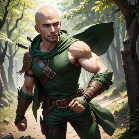 Robin hood like uniformed forest warrior, Young athletic man, with an attractive and striking appearance, muscular, bald head, green eyes, handsome male, photo-realistic, octane render, unreal engine, ultra-realistic