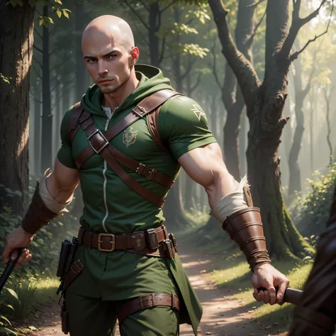 Robin hood like uniformed forest warrior, Young athletic man, with an attractive and striking appearance, muscular, bald head, green eyes, handsome male, photo-realistic, octane render, unreal engine, ultra-realistic