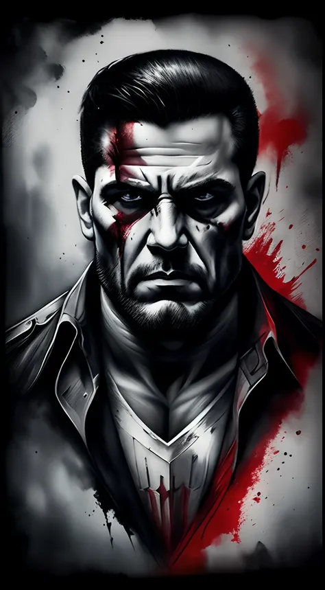 A strong and sensual male punisher with a gun, in the style of chalk and charcoal printing, dark sapphire and red, distorted and fractured, master of shadows, marine painter, ink-washed, gothcore, character studies.