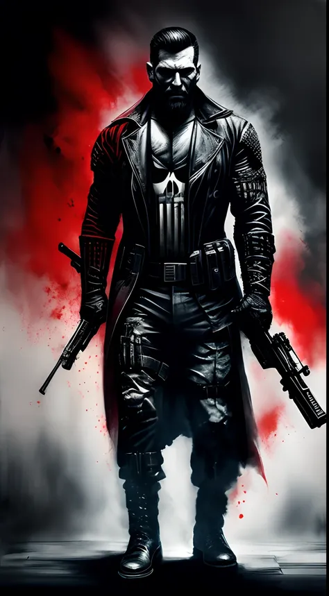 A strong and sensual male punisher with a gun, in the style of chalk and charcoal printing, dark sapphire and red, distorted and fractured, master of shadows, marine painter, ink-washed, gothcore, character studies.