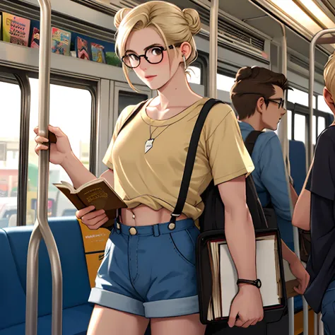 Young mid-tone blonde, Brown eyes with hair tied in bun wearing short t-shirt showing belly with suspenders and glasses inside crowded bus holding books. realista, melhor qualidade.