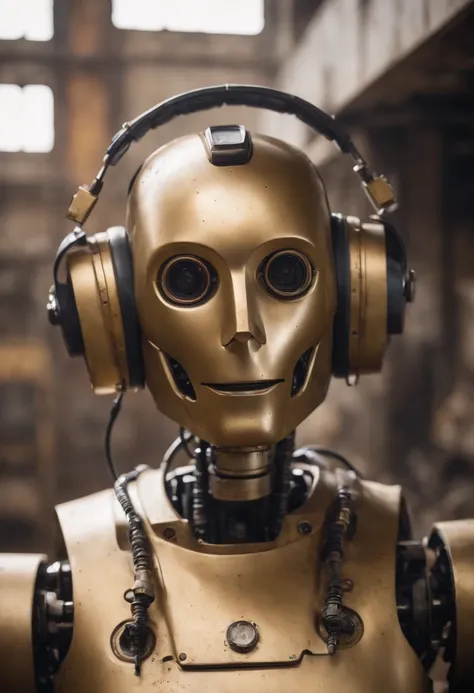 Photographic portrait of a robot wearing headphones made of gold, dirty water, oils, maintenance, in an old abandoned and rusty factory with his nerdy friend, 8k, octane, ultra detalhado