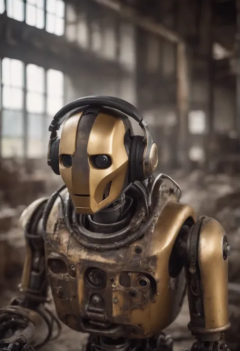 Photographic portrait of a robot wearing headphones made of gold, dirty water, oils, maintenance, in an old abandoned and rusty factory with his nerdy friend, 8k, octane, ultra detalhado