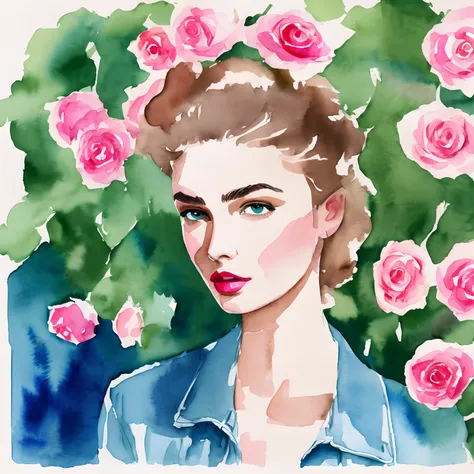 fashion illustration, David Downton watercolor drawing, light brown blonde bob thin hair 1woman, andreea diaconu, blue eyes, rose color lipstick, blue denim jacket, pink airy dress, street, green tree, bokeh, light and shadow, watercolor paper texture