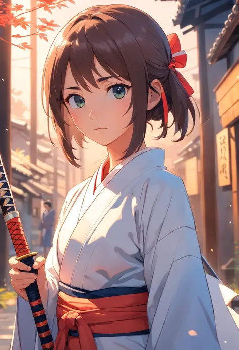 A young girl named Yuki in traditional Japanese attire, holding a samurai sword with a determined expression on her face.