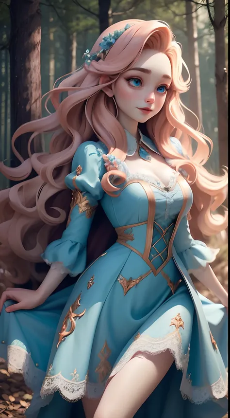 Gorgeous vampire dancing in the forest, with pale skin, sparkling blue eyes, wavy peach hair, lace dress, fantasy, film grain, UHD, masterpiece, anatomically correct, super detail, best quality, haunted forest,