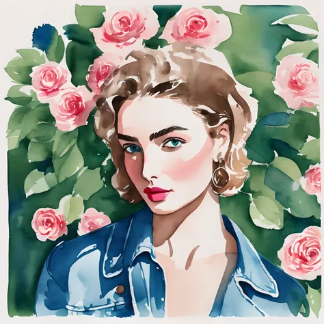 fashion illustration, David Downton watercolor drawing, light brown blonde bob thin hair 1woman, andreea diaconu, blue eyes, rose color lipstick, blue denim jacket, pink airy dress, street, green tree, bokeh, light and shadow, watercolor paper texture