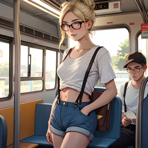 Young Brazilian woman with hair tied in medium blonde bun wearing short t-shirt showing sexy belly with suspenders and glasses inside crowded bus distracted holding books. realista, melhor qualidade.