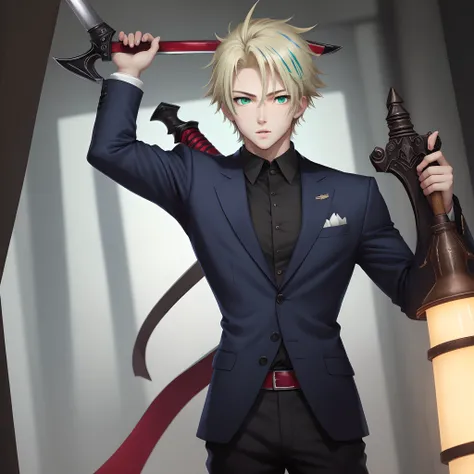 image of an anime character, handsome boy, blond hair with a blue streak, light green eyes, with a black sword with red details, with a black suit, tall boy