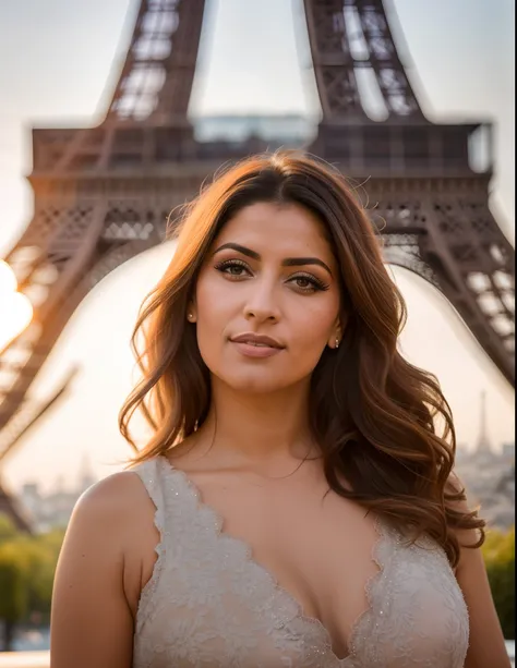 Femme tunisienne arabe en robe debout devant la Tour Eiffel, 30-year-old french woman, photo of a beautiful woman, french girl, 7 0 mm portrait, Mid-shot portrait of a beautiful woman, Avec vue Eiffel, Portrait de Paris, Portrait 60mm, Belle photo portrait...