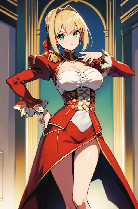 nero claudius, fate, peitos enormes, coxa grande, (pele brilahnte suado: 1.4 ), absurdo, roupa de academia, olho para o espectad...