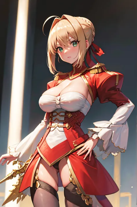 nero claudius, fate, peitos enormes, coxa grande, (pele brilahnte suado: 1.4 ), absurdo, roupa de academia, olho para o espectador, qualidade superior, altamente detalhado, pose sexy, muito detalhado, milf, olhos brilhantes, obra prima, dynamic  lighting, ...