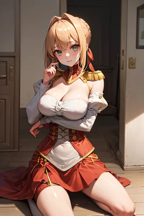 nero claudius, fate, peitos enormes, coxa grande, (pele brilahnte suado: 1.4 ), absurdo, roupa de academia, olho para o espectador, qualidade superior, altamente detalhado, pose sexy, muito detalhado, milf, olhos brilhantes, obra prima, dynamic  lighting, ...