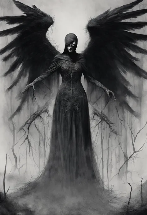 Araffe voando com asas abertas e uma mulher em um vestido, um retrato inspirado em Shani Rhys James, trend in cg society, gothic art, raven winged female vampire, asas de penas escuras, com asas reais, asas de penas, Asas de Anjo Corvo, asas emplumadas, As...